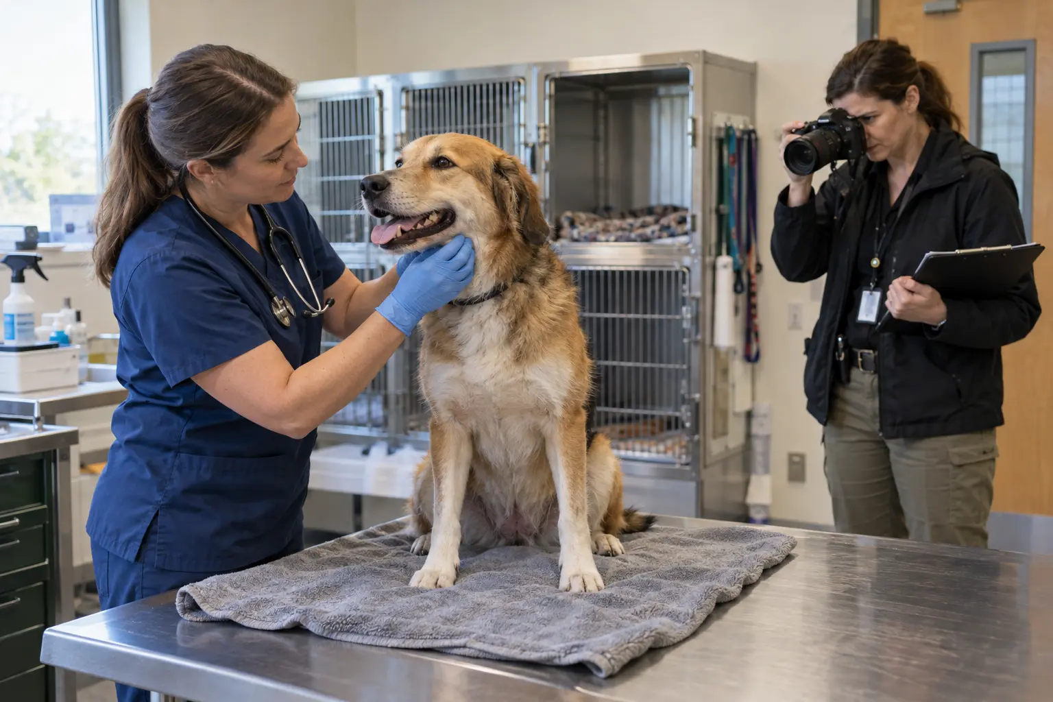 Veterinarian examining a dog while an investigator photographs and documents the scene