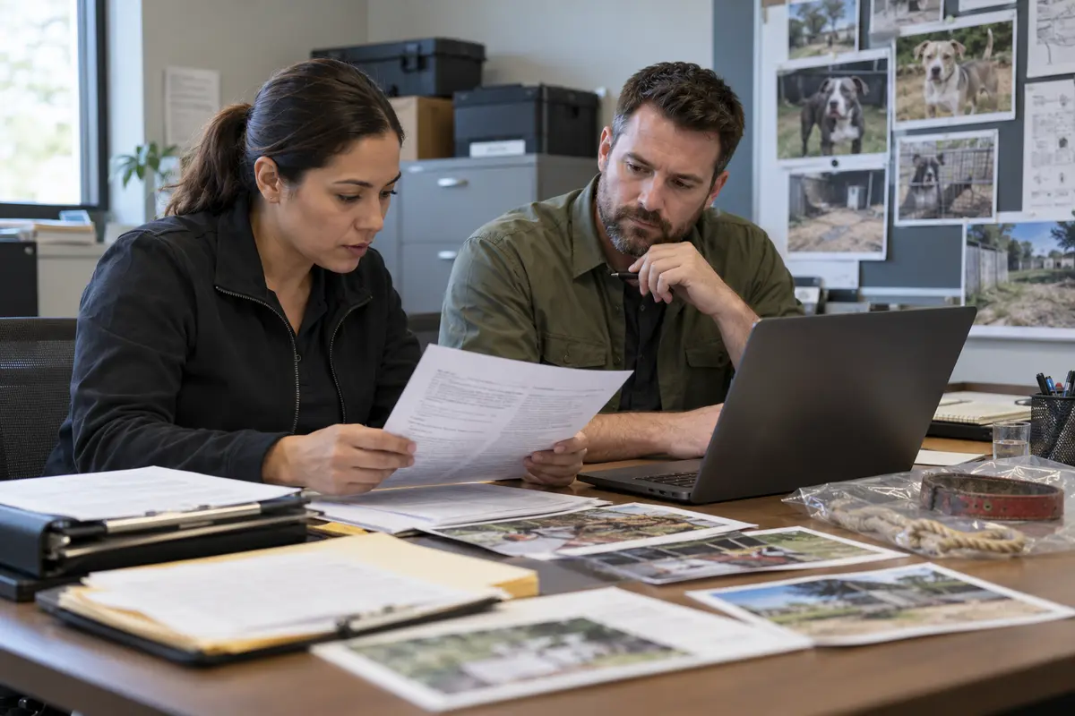 Two investigators reviewing documents and photographs in an animal-welfare case