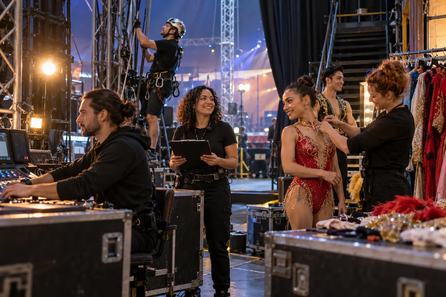 Circus technicians, a stage manager, a costume worker and performers preparing backstage
