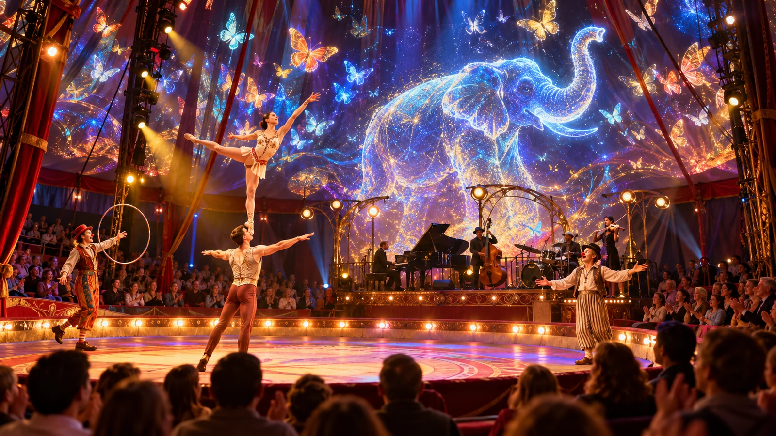 Acrobats and musicians perform with virtual animals made of light