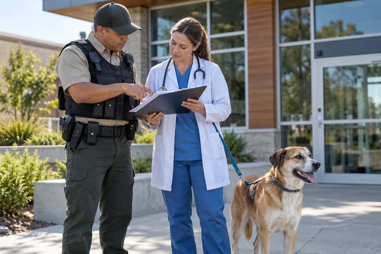 Animal-control officer and veterinarian review a case while a rescued dog waits safely