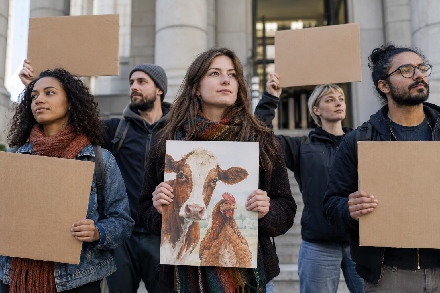 Editorial reconstruction of animal-welfare advocates holding blank signs and an illustration of a cow and chicken.