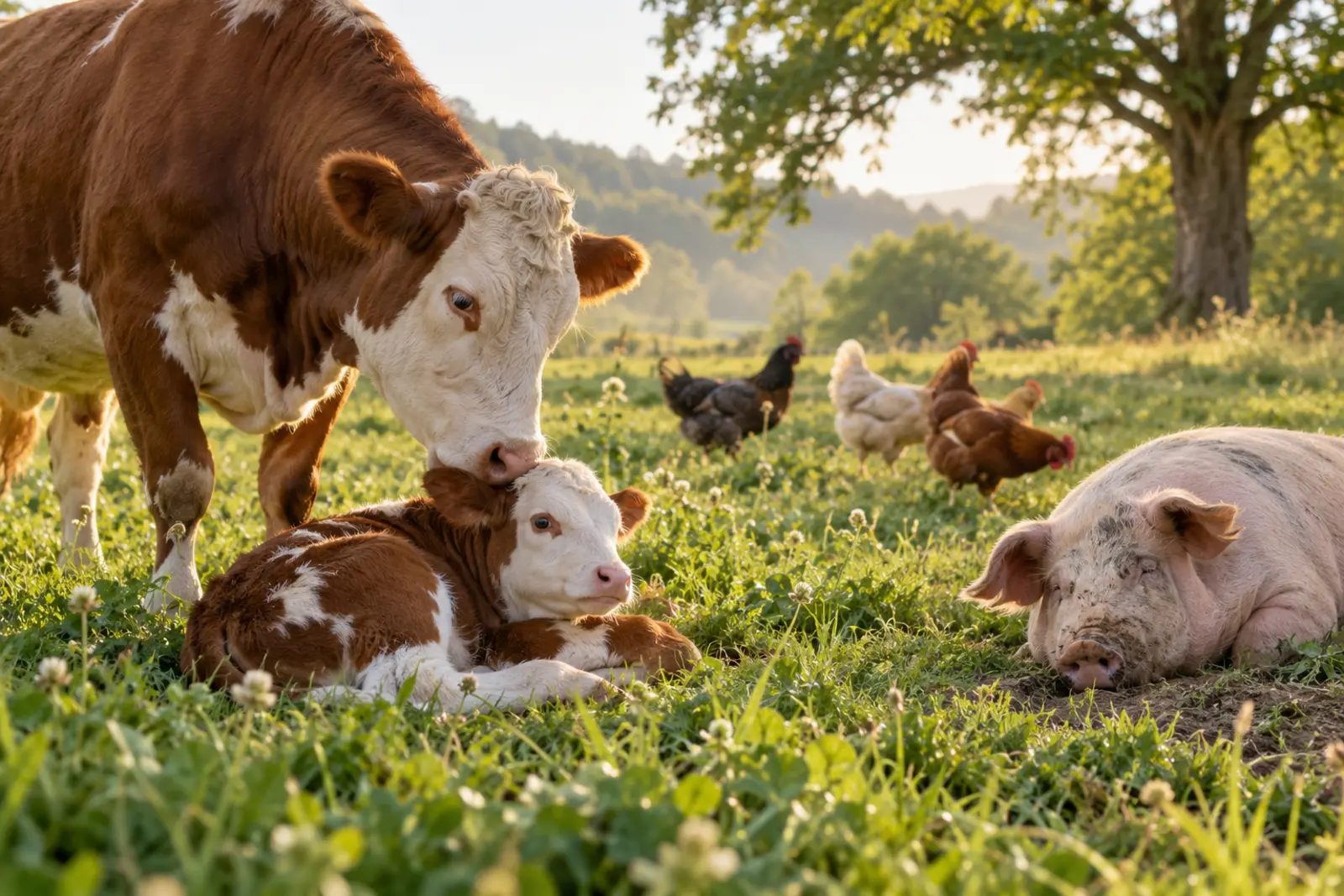 Cow nuzzling her calf near a resting pig and free-ranging chickens in a meadow
