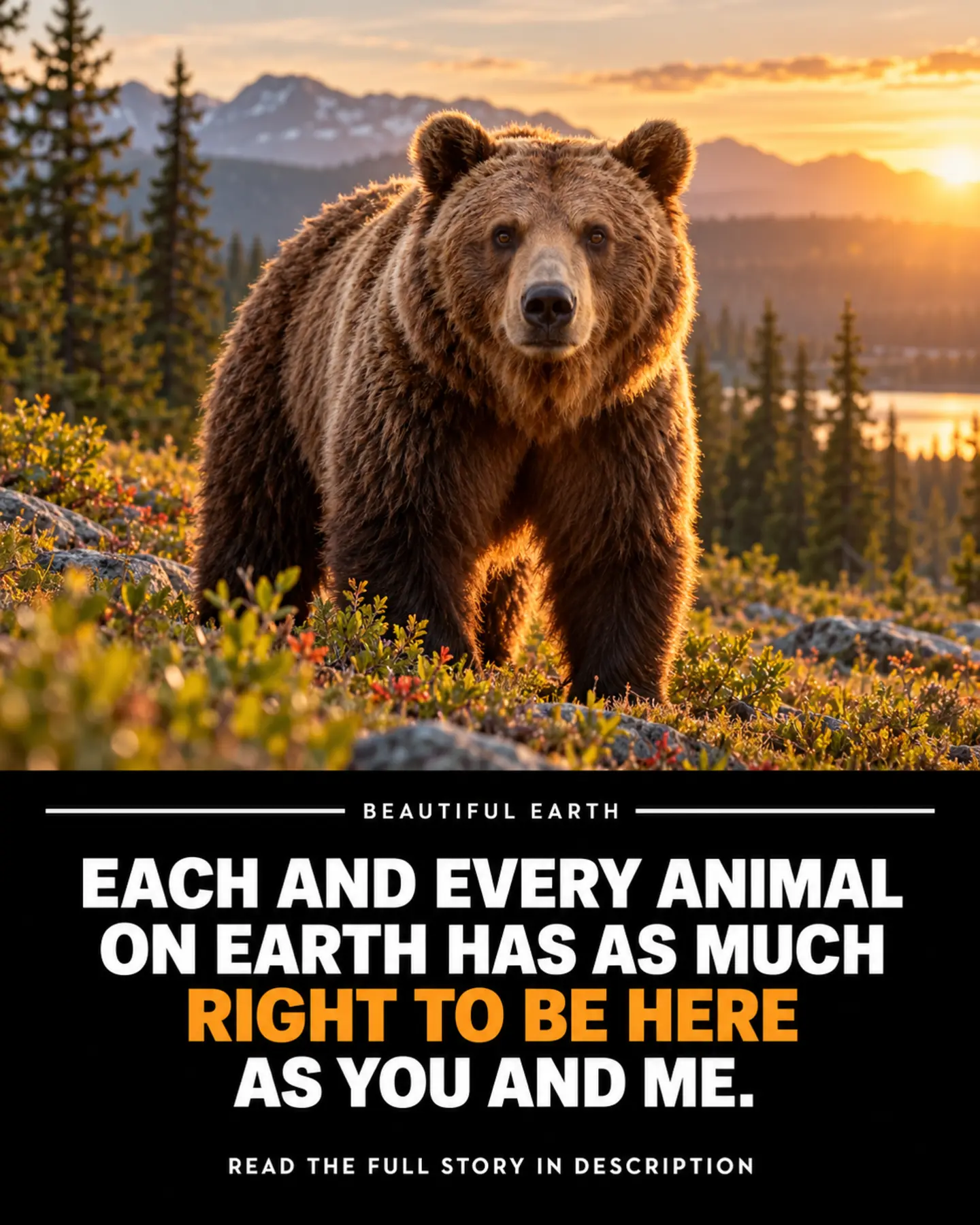 Brown bear in a mountain habitat above a BEAUTIFUL EARTH headline about animals' right to be here
