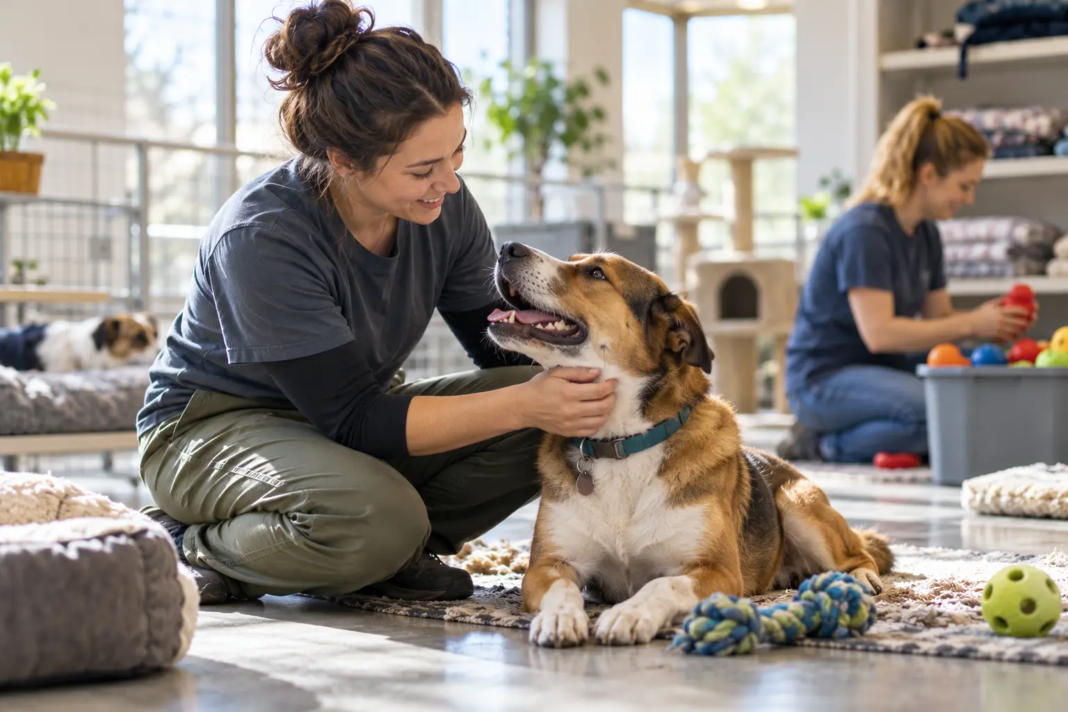 Shelter worker reassures a rescued dog during a calm behavioral assessment