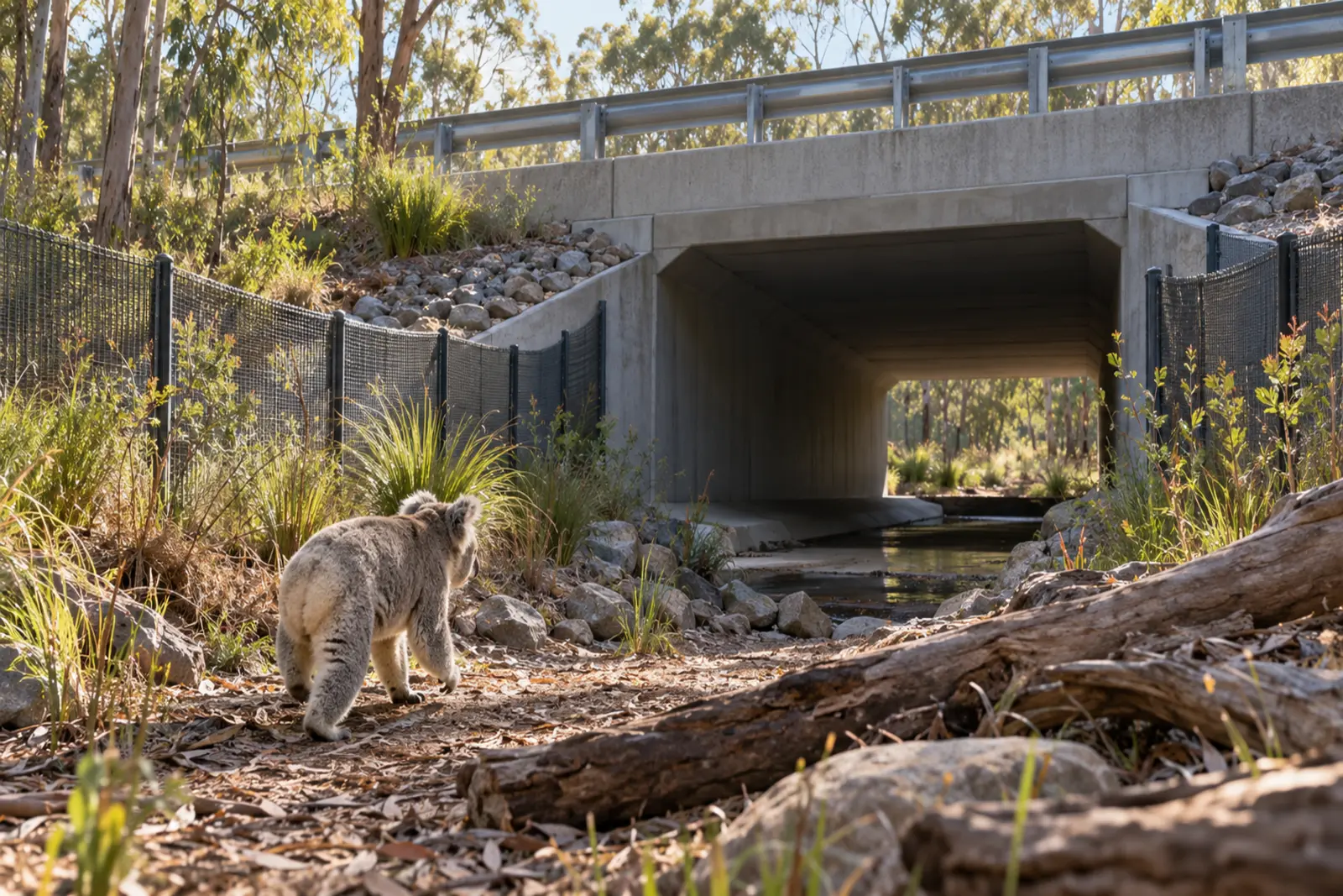 A koala approaches a wildlife underpass beneath an Australian road