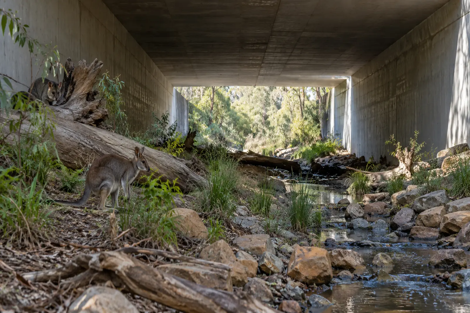 A wallaby and possum use a habitat-lined wildlife underpass