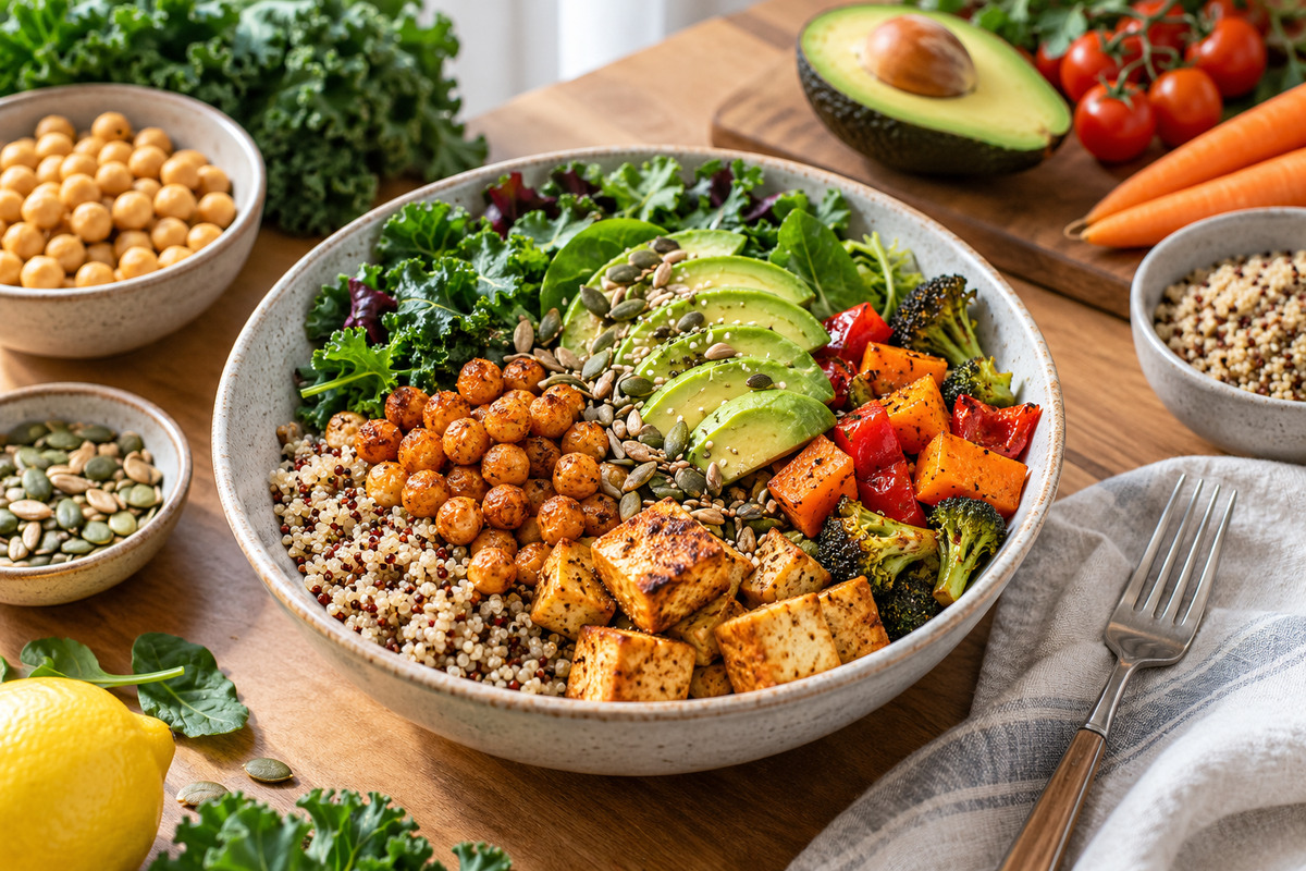A colorful grain bowl with tofu, chickpeas, vegetables, avocado and seeds