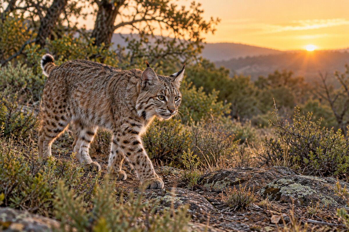 Bobcat walking through scrub woodland at dawn