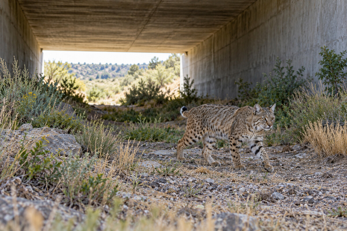 Bobcat walking through a vegetated wildlife underpass