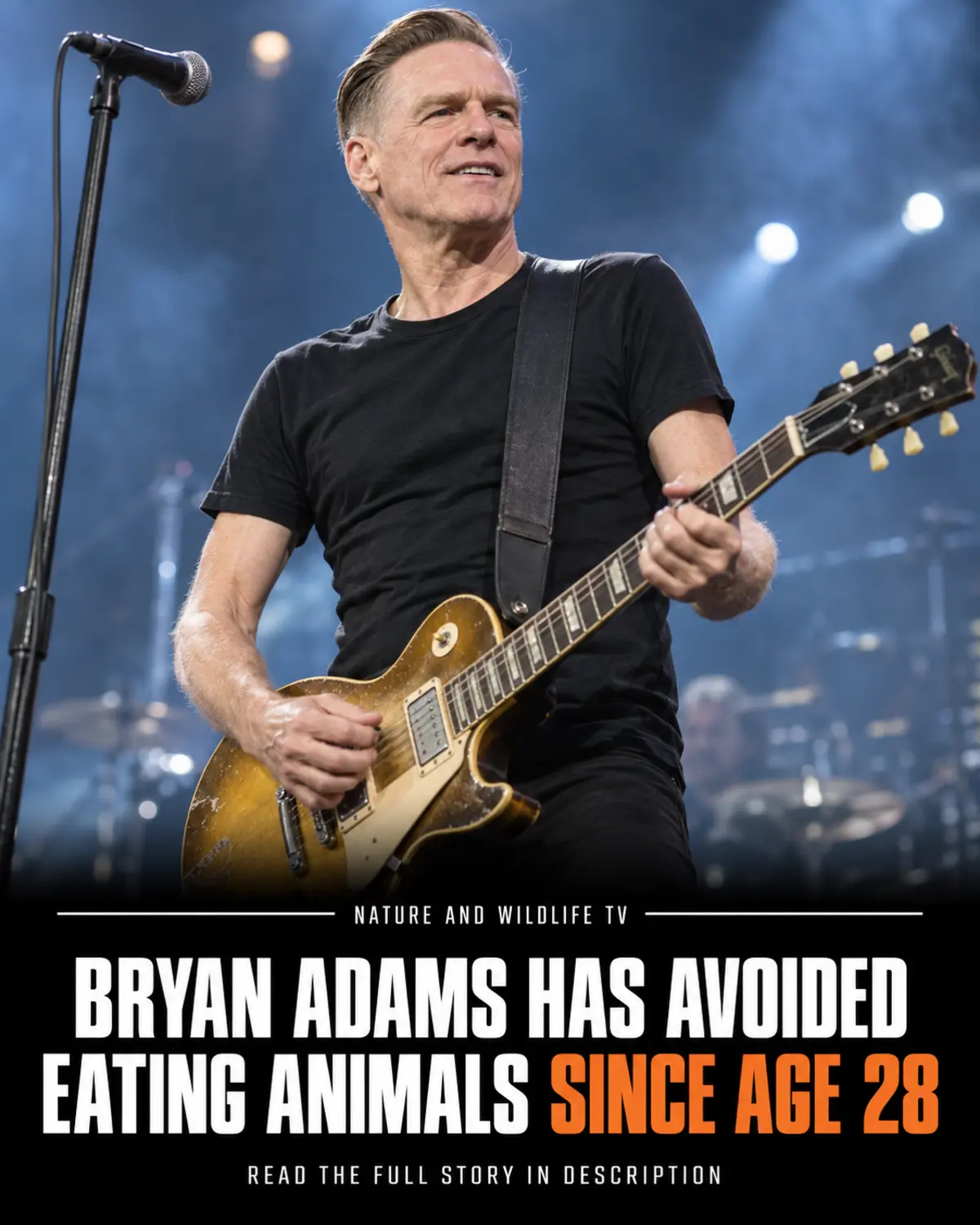 Bryan Adams performing with a guitar above a headline about his plant-based journey