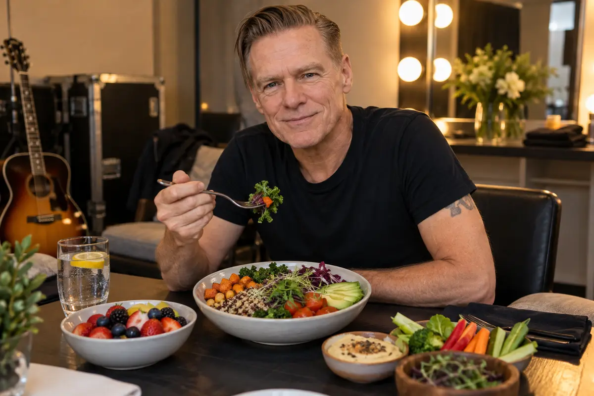 Bryan Adams seated backstage with a colorful plant-based meal