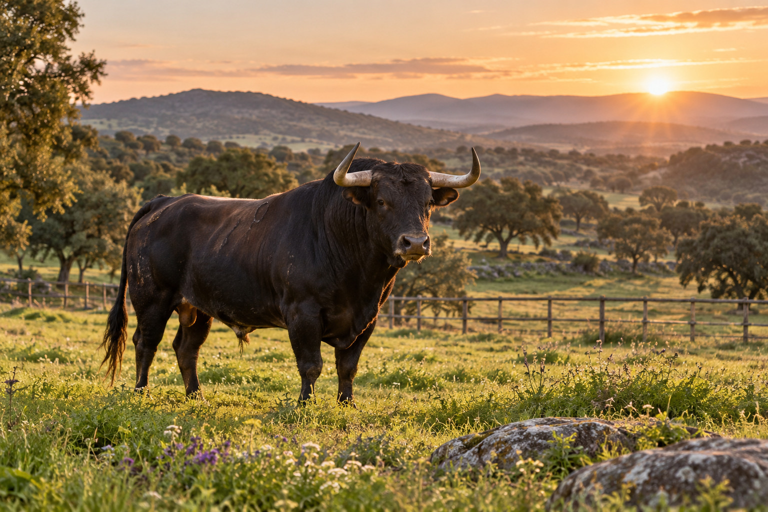Healthy bull standing peacefully in a spacious sanctuary pasture