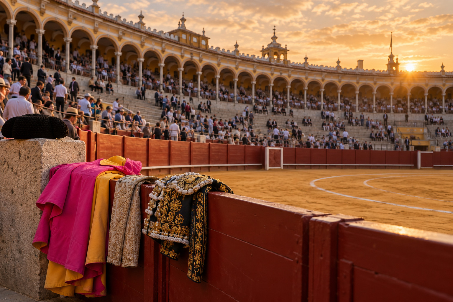 Historic bullring with traditional costumes displayed before an event