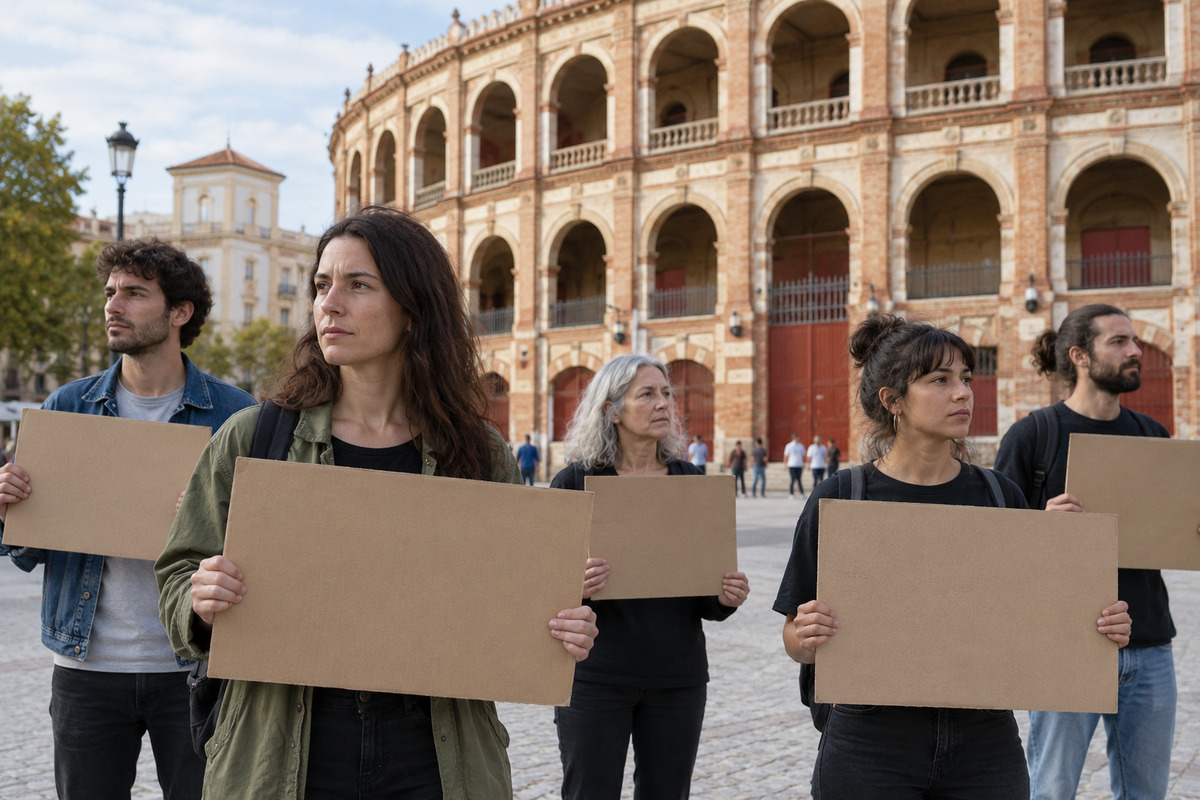 Animal-welfare advocates holding blank placards outside a traditional Spanish bullring.