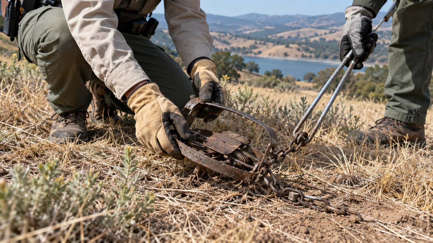 Conservation workers collecting an empty inactive trap from California grassland