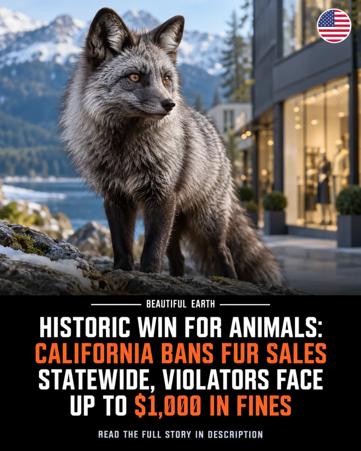 Silver fox beside a fashion storefront with California fur sales headline