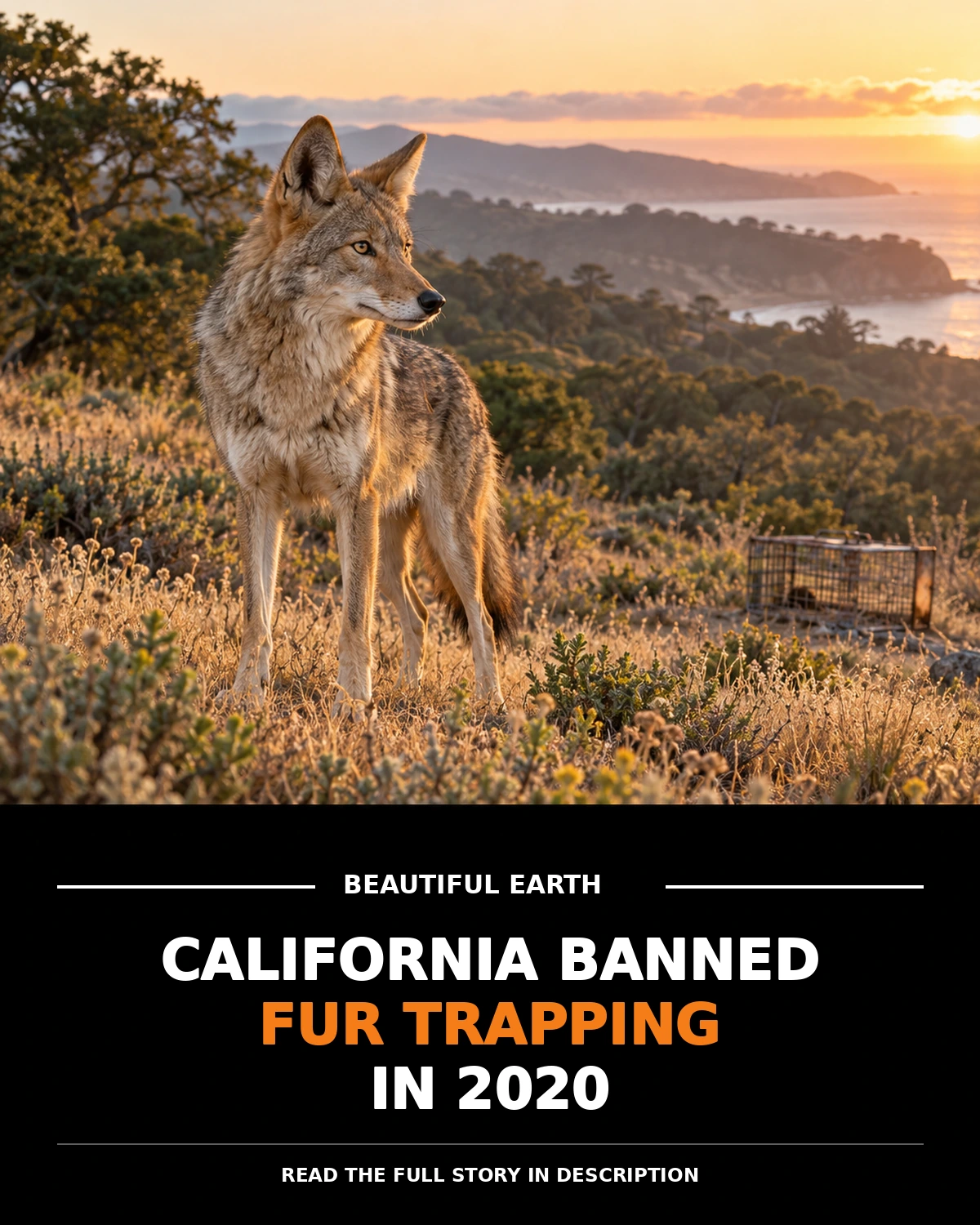 California coyote in coastal scrub above a headline about the state's 2020 fur-trapping ban