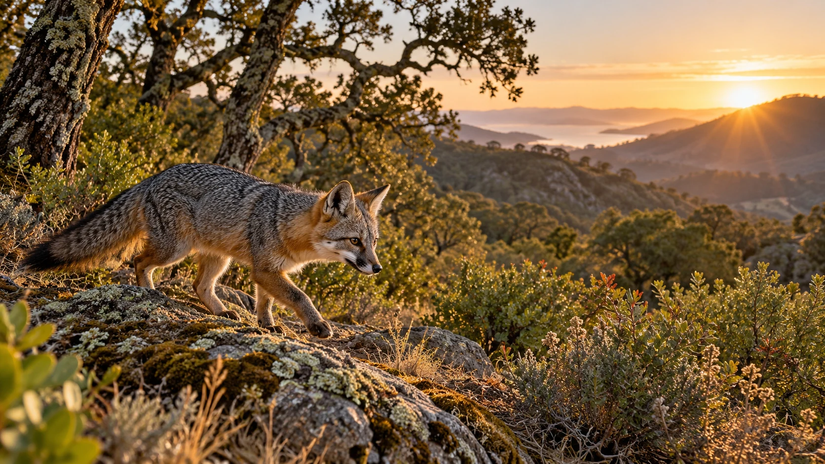 Gray fox moving through California oak woodland at sunrise