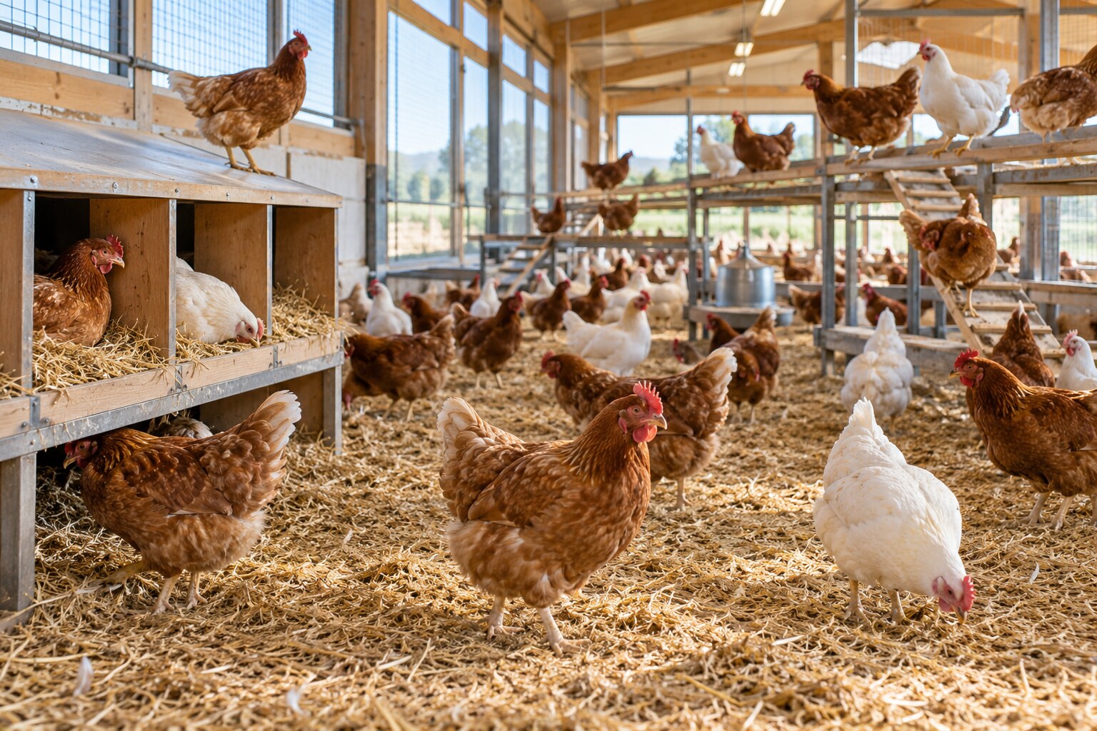 Editorial reconstruction of healthy egg-laying hens moving through a cage-free barn with perches and nest boxes.