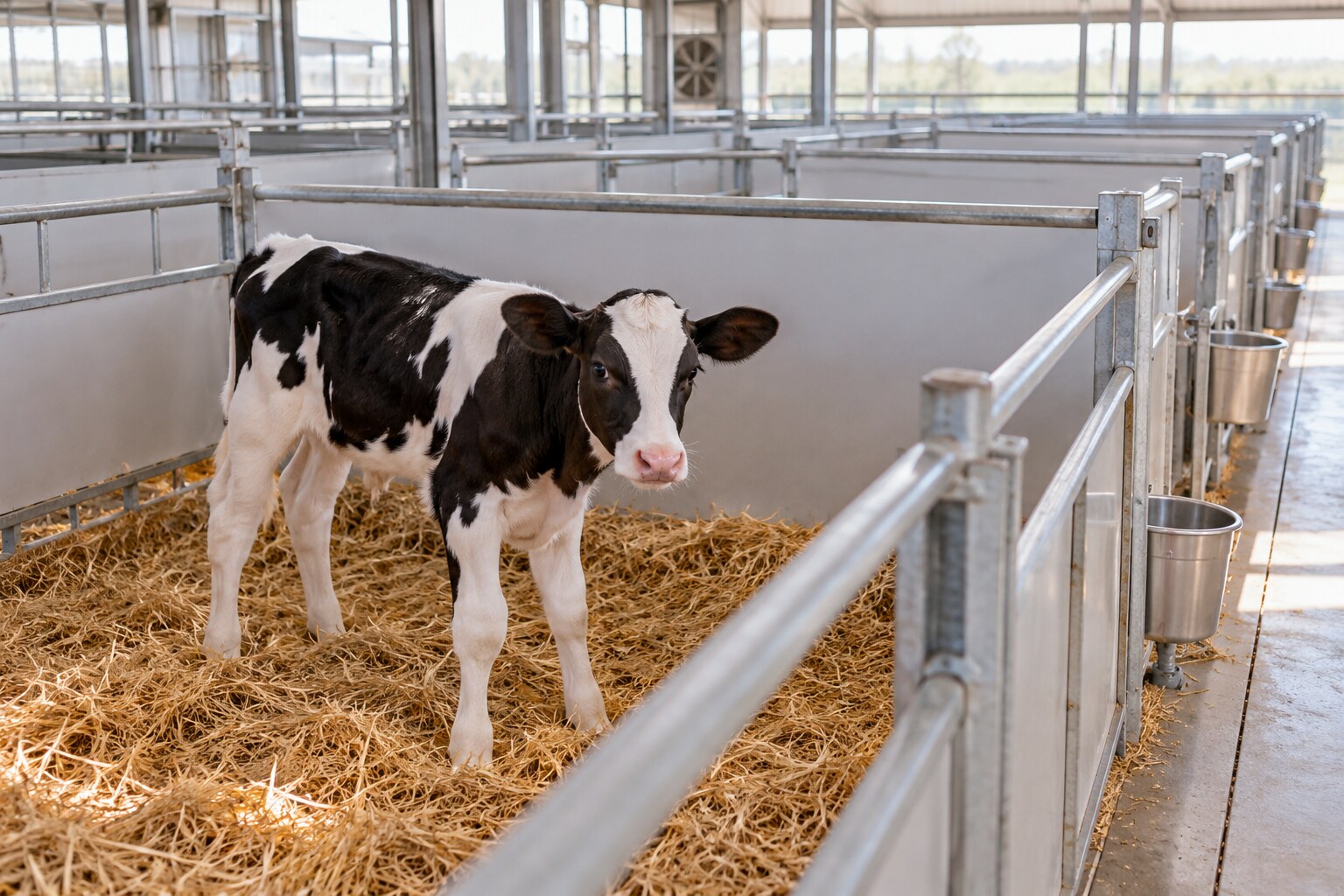 Editorial reconstruction of a healthy calf standing in a roomy straw-bedded livestock pen.