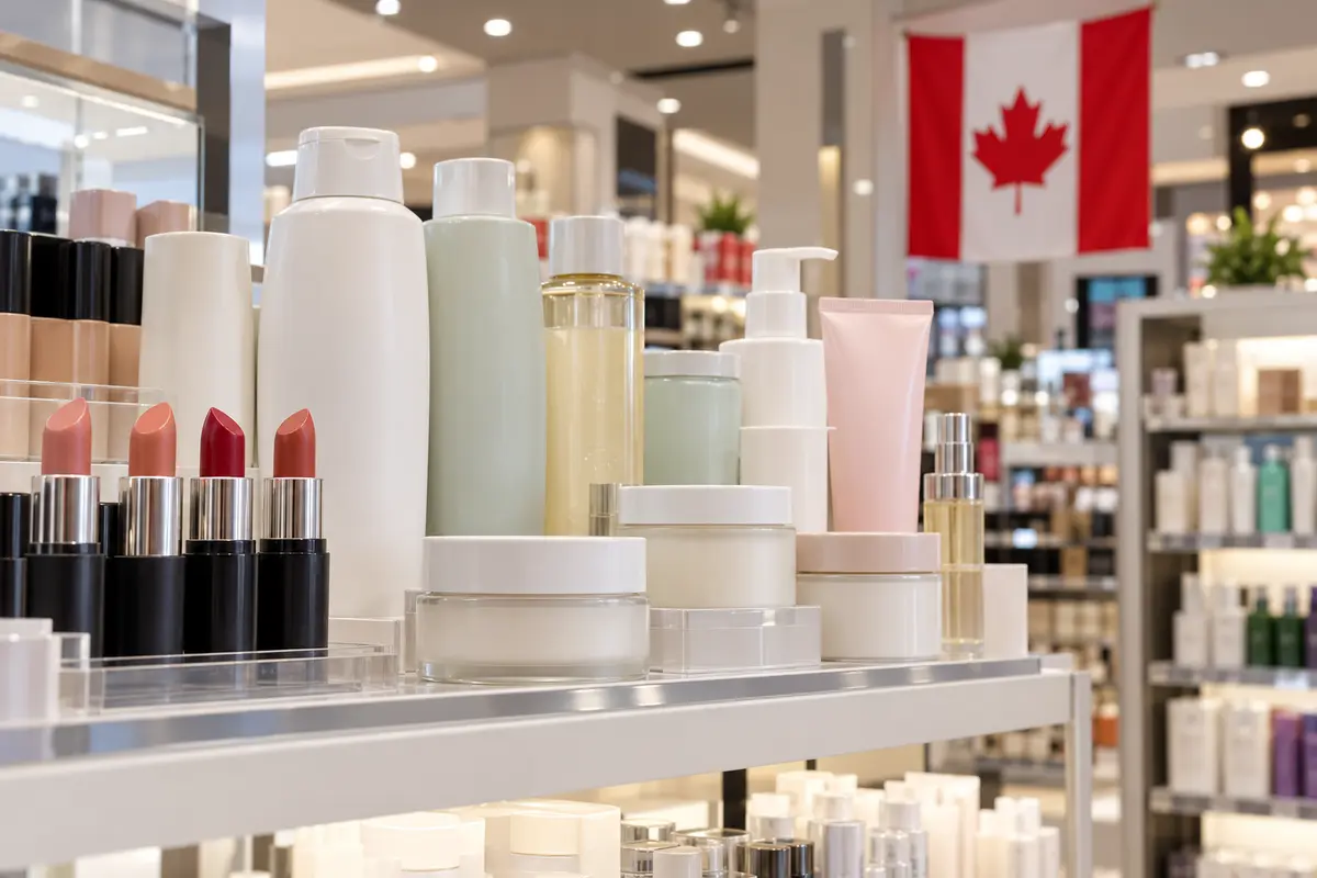Generic cosmetics displayed in a Canadian retail setting