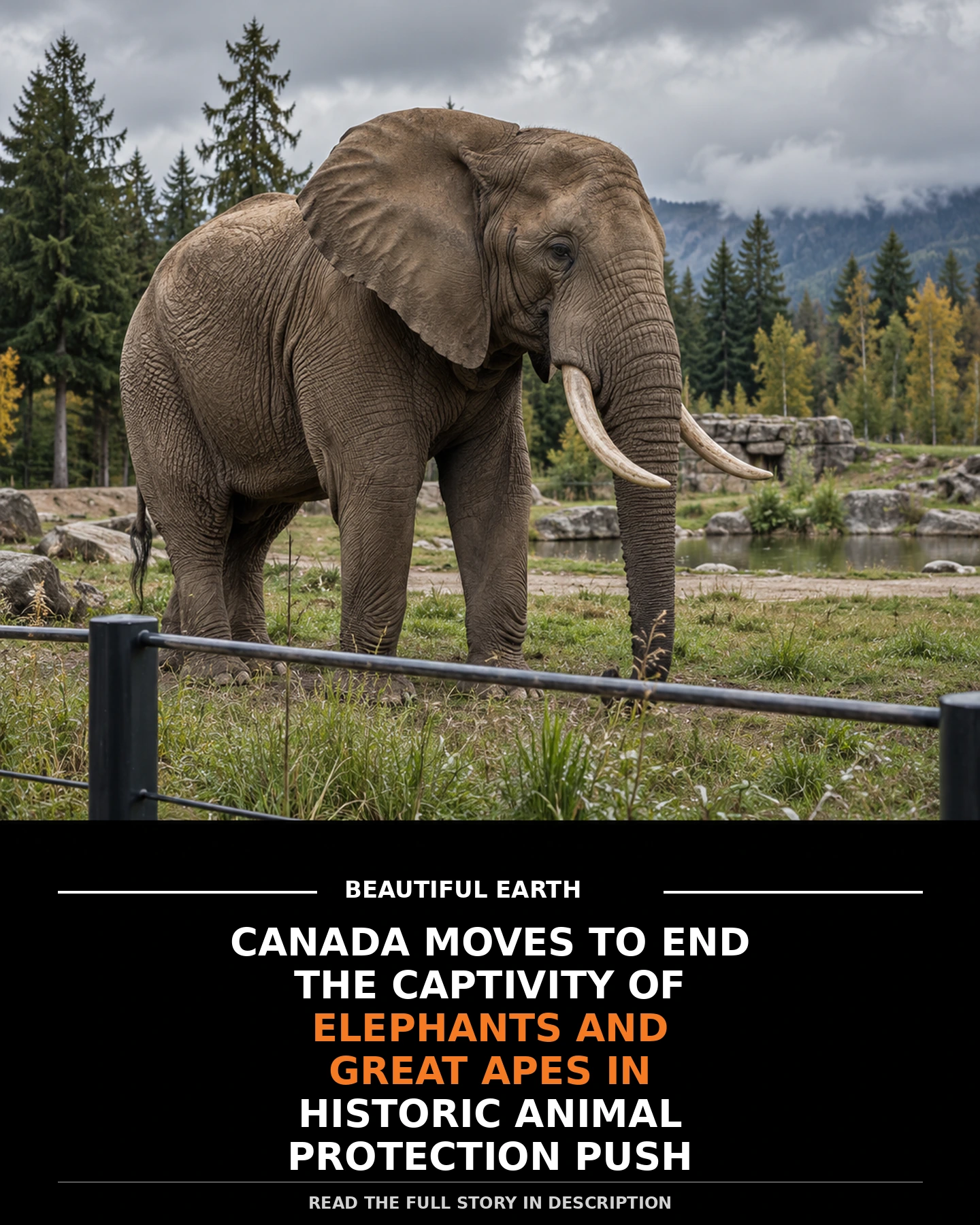 Elephant in a spacious enclosure above a headline about Canada's captivity bill