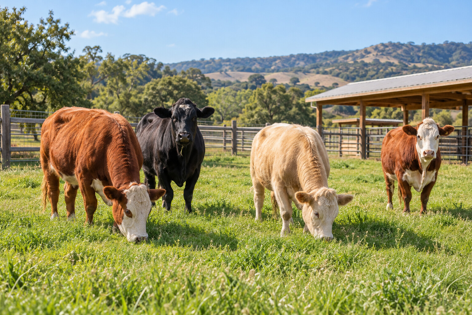 Editorial reconstruction of cattle living peacefully on open pasture at a sanctuary.