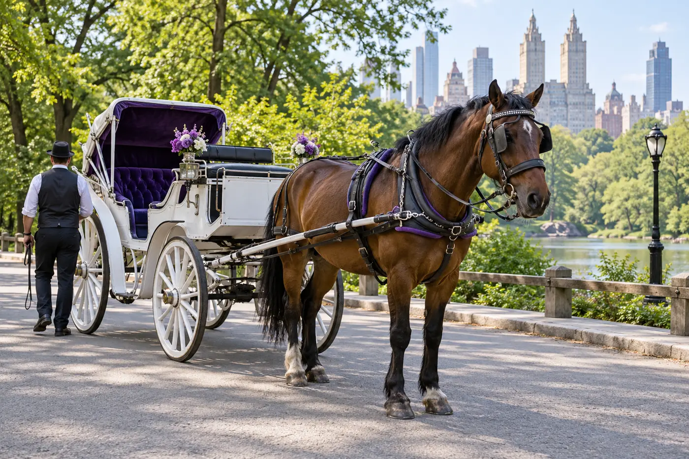 A healthy carriage horse harnessed to an empty carriage on a park roadway