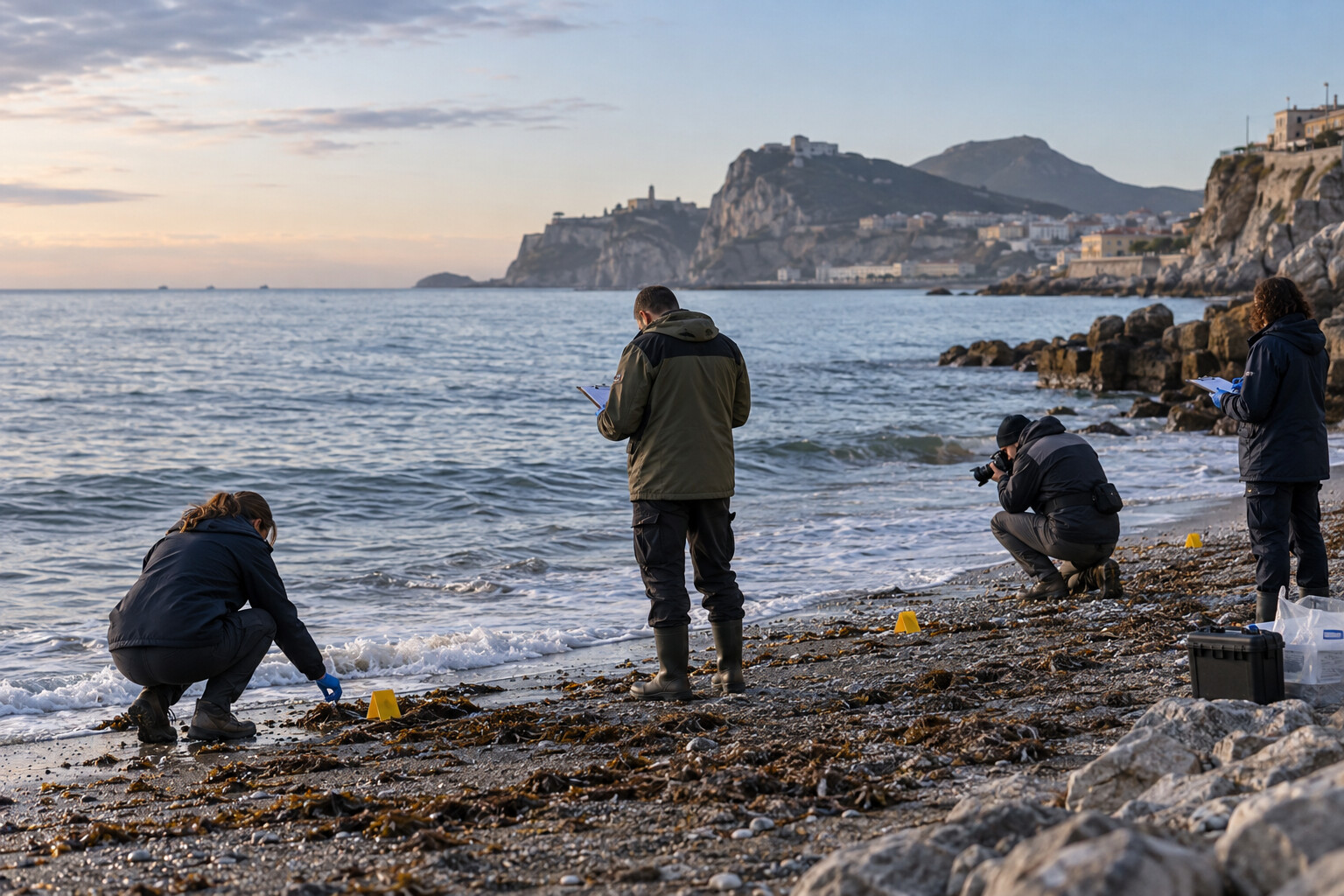 Illustrative image of investigators documenting evidence on a beach in Ceuta