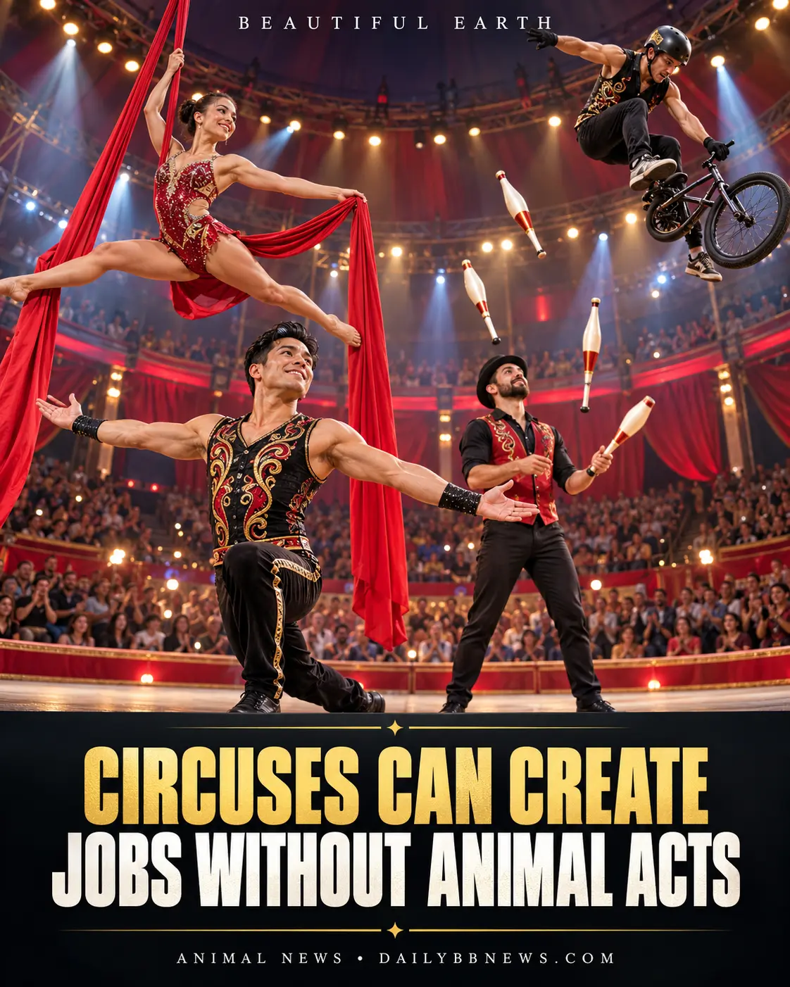 Human circus performers in an arena beneath the headline Circuses can create jobs without animal acts