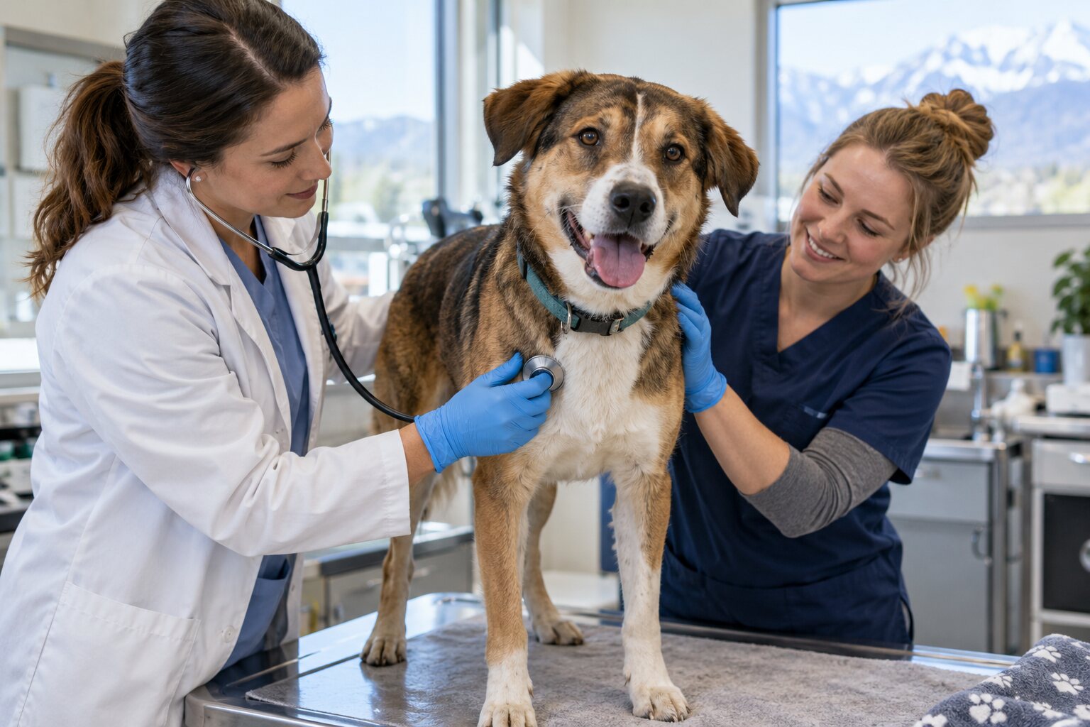 Educational reconstruction of a healthy rescued dog receiving veterinary care.
