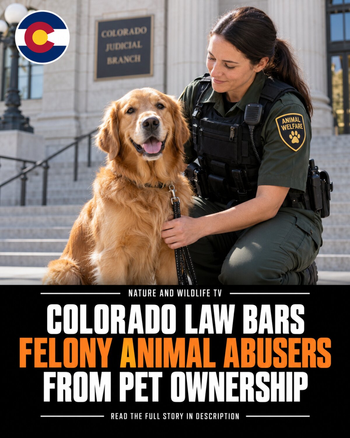 Editorial reconstruction showing an animal-welfare officer with a healthy dog outside a Colorado courthouse.