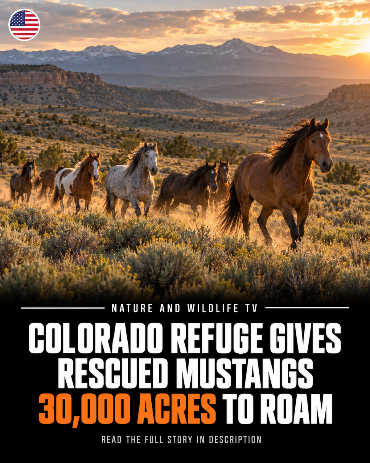 Rescued mustangs roam across a reconstructed northwest Colorado landscape beneath the headline Colorado Refuge Gives Rescued Mustangs 30,000 Acres to Roam.