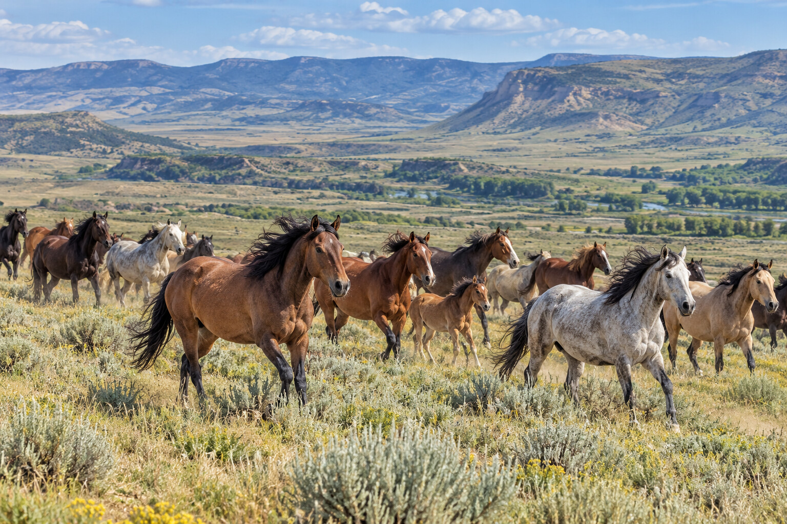 A herd of rescued mustangs roaming through open sagebrush country in northwest Colorado.