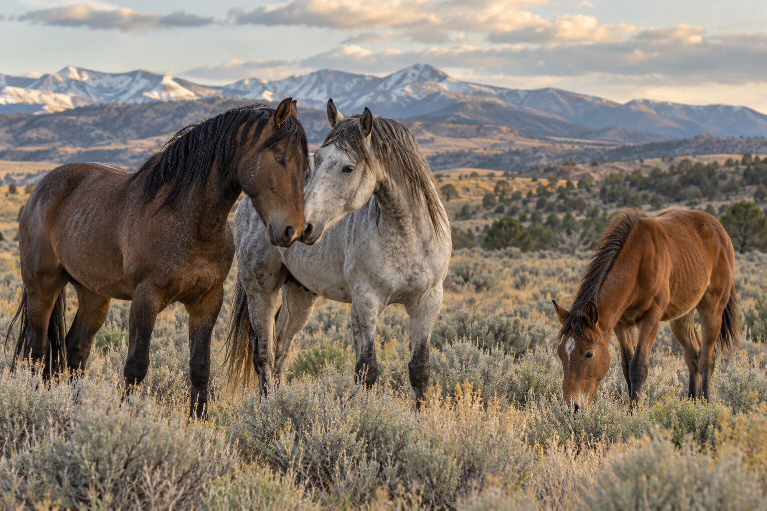 Three rescued mustangs grazing and socializing in a broad Colorado sagebrush landscape.