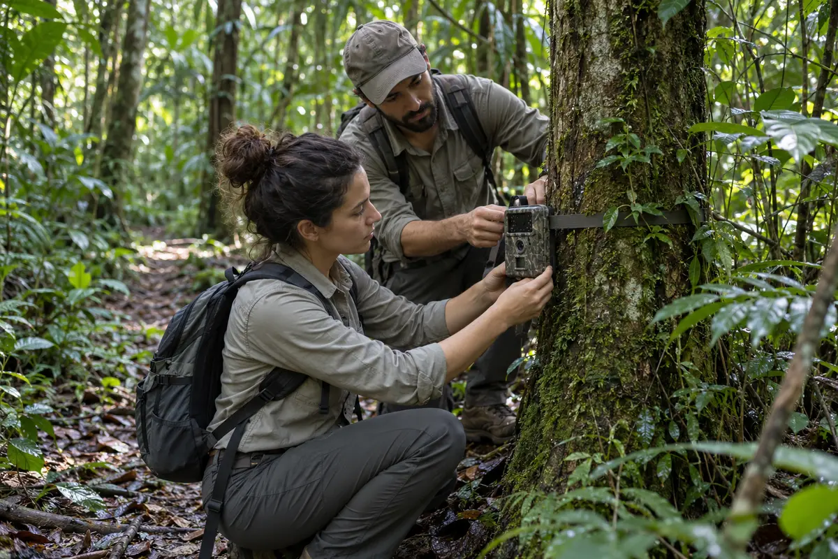 Two conservation workers installing a camera trap in a tropical rainforest