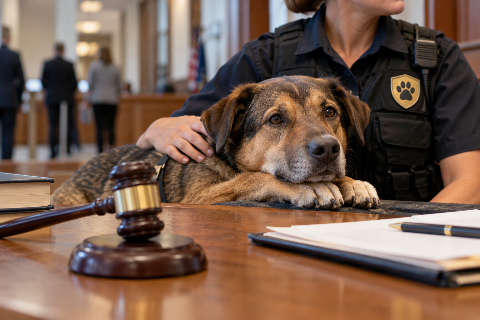 Illustrative image of an animal welfare officer protecting a dog in a courthouse