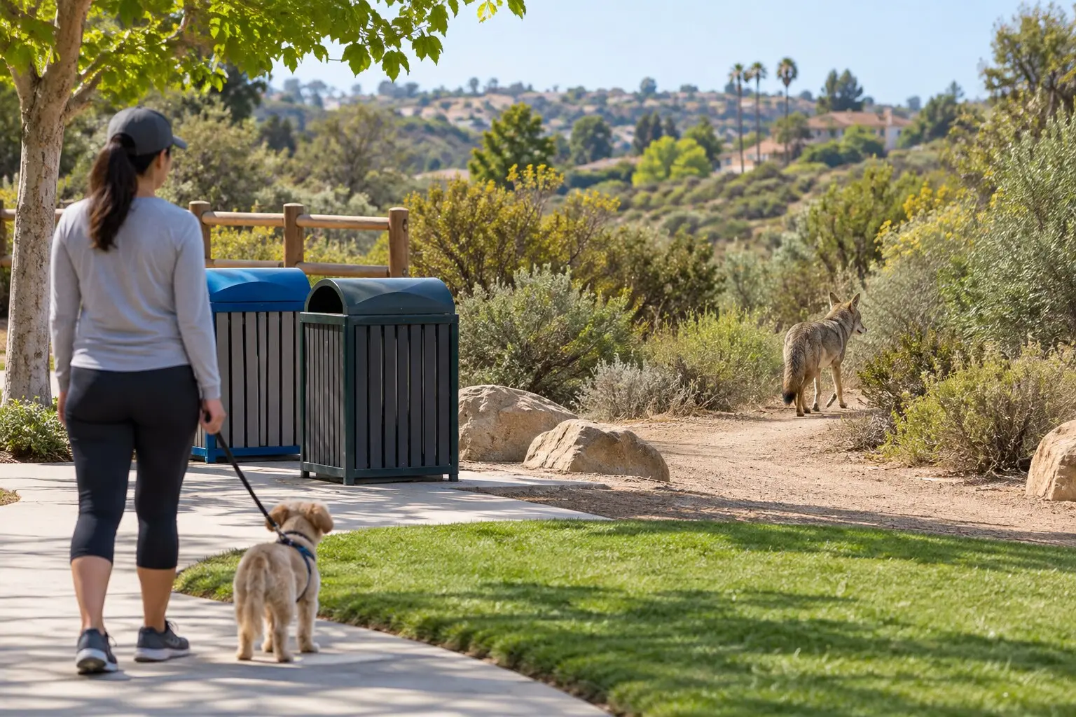A resident keeps a small dog leashed while a coyote moves away at a safe distance.