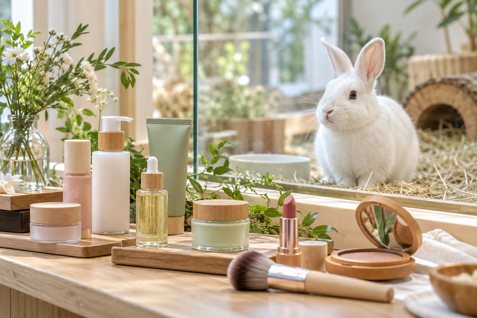 Cosmetics displayed near a safely housed white rabbit