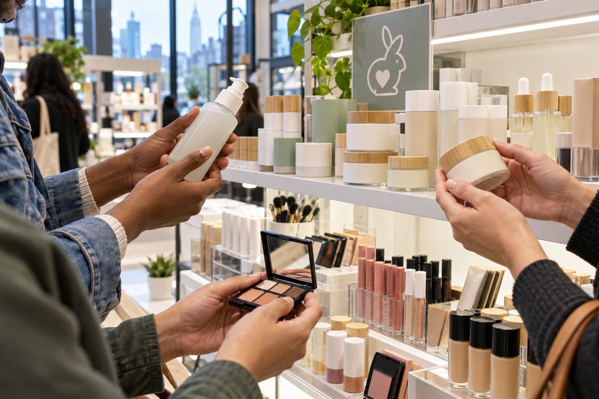 Consumers compare unbranded cosmetic products in a New York beauty store.