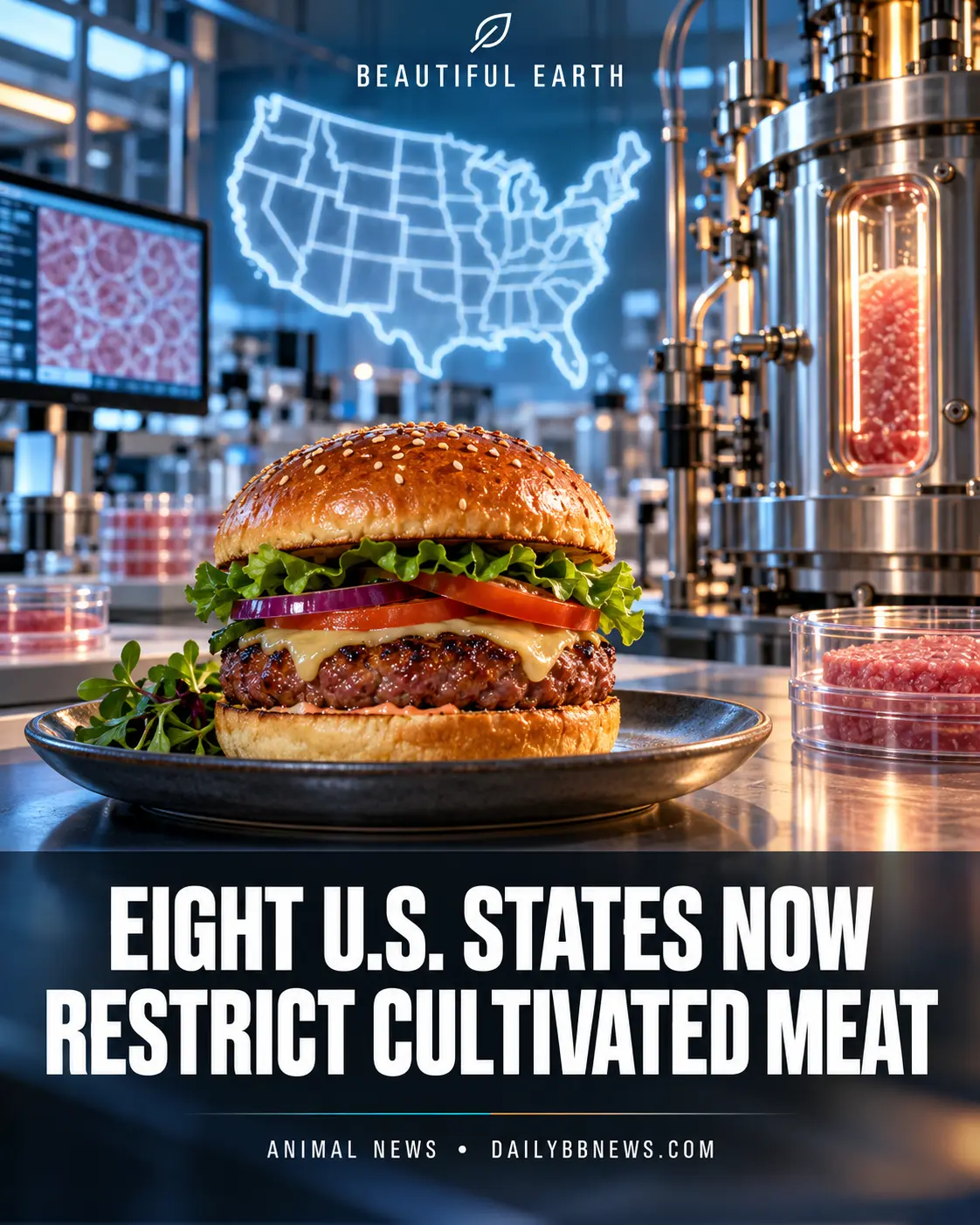 Cultivated meat burger and bioreactor illustrating restrictions in eight U.S. states