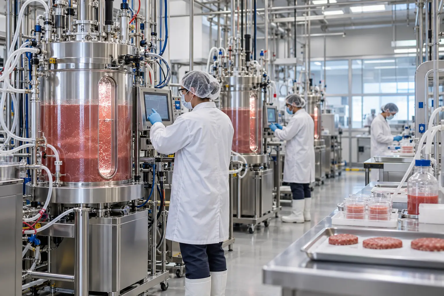 Food scientists monitor cultivated meat bioreactors in a production laboratory