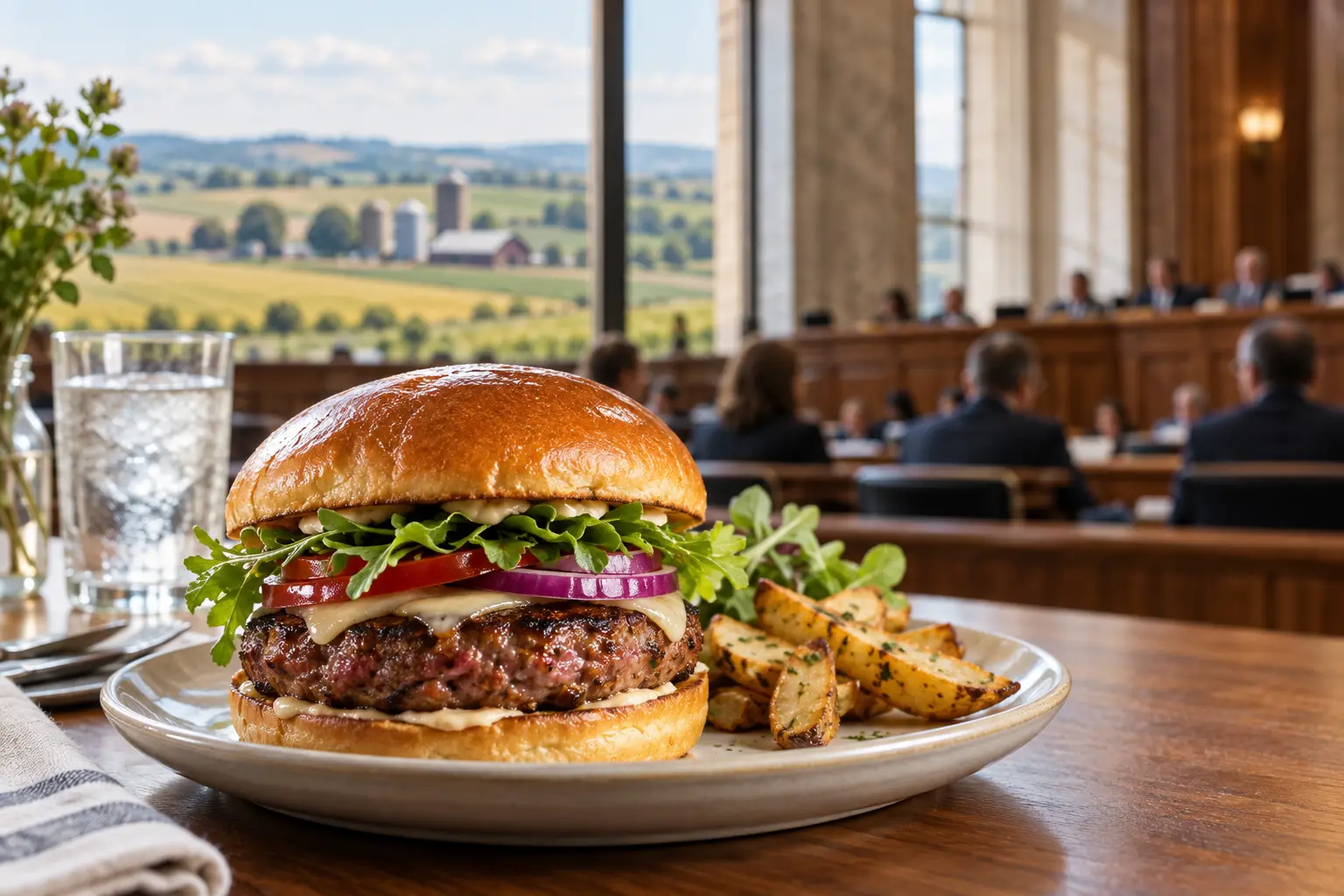 A cultivated meat burger with a state policy hearing in the background