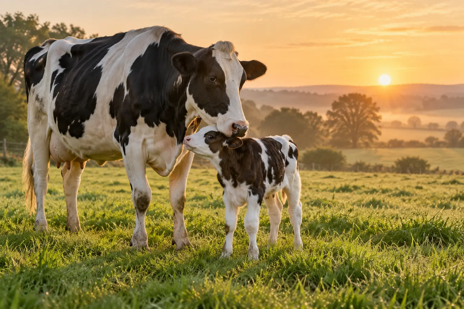 Dairy cow standing close to her calf in a green pasture