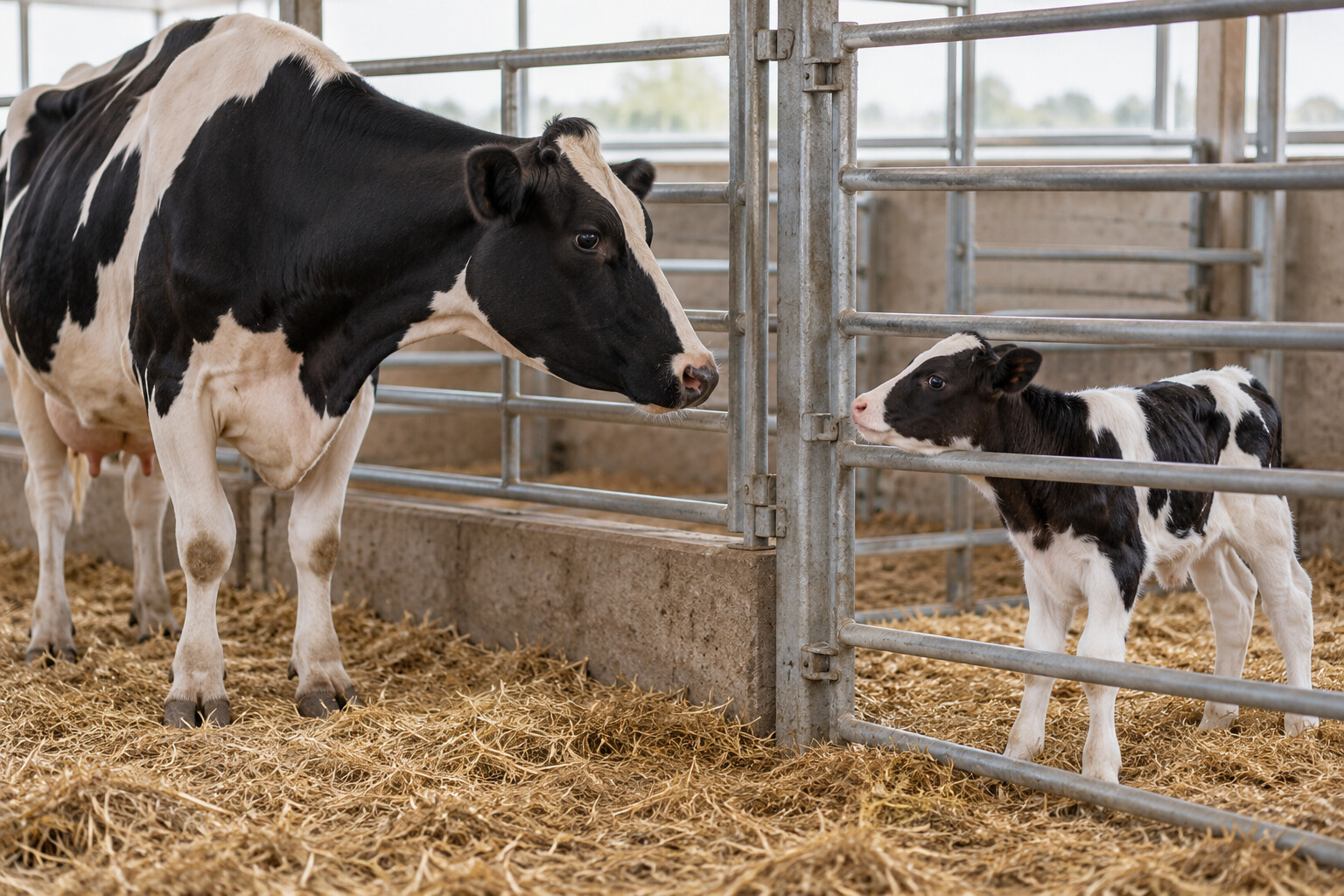 Editorial reconstruction of a Holstein cow and calf looking at each other from adjacent pens.
