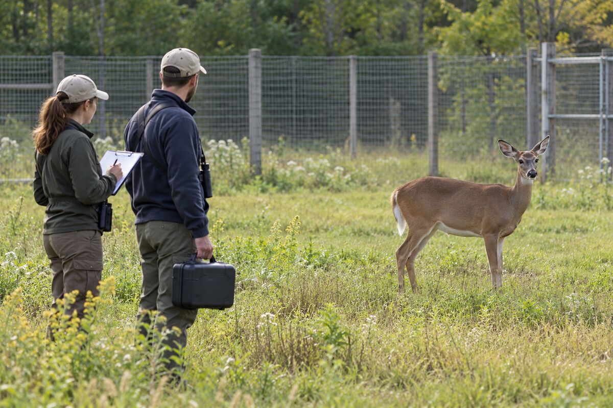 Editorial reconstruction of wildlife researchers observing a healthy white-tailed doe in a research meadow.
