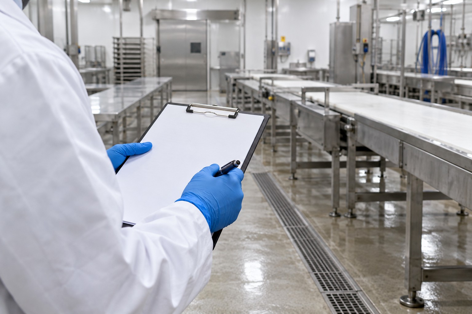 Gloved hands holding a clipboard in a clean food processing area.