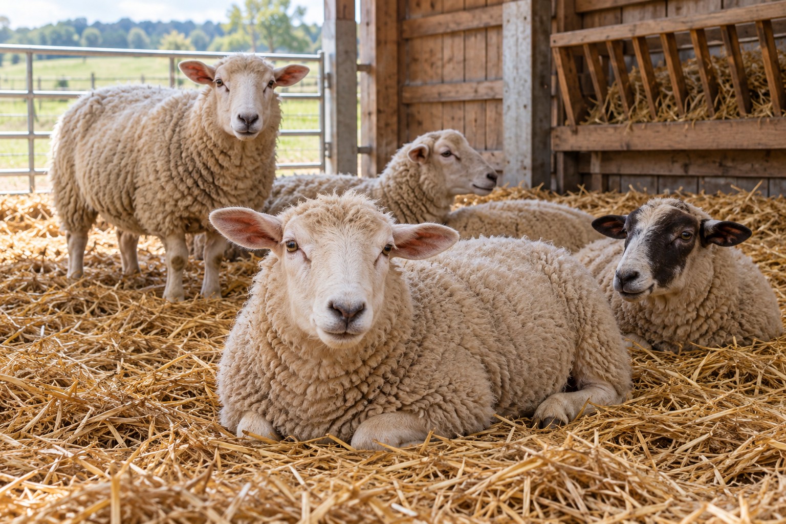Sheep resting on straw in a farm shelter.