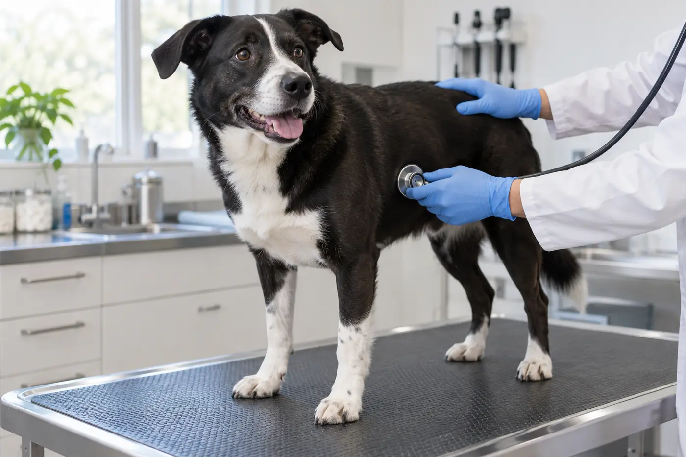 A veterinarian examining an adult dog with a stethoscope